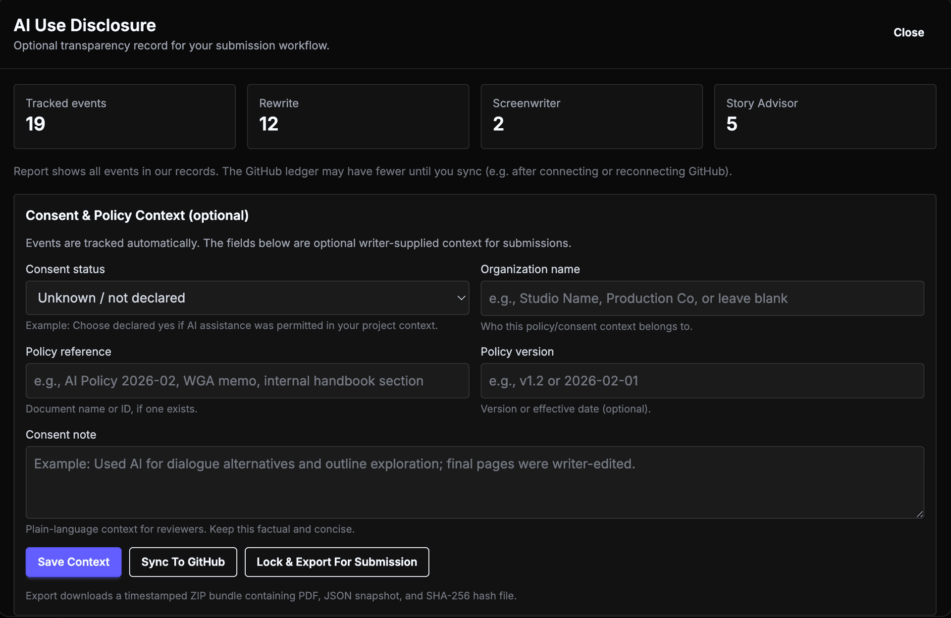 AI Disclosure panel showing provenance events and lock/export controls